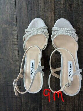 Nina Silver Rhinestone Strappy Block Heel Sandals